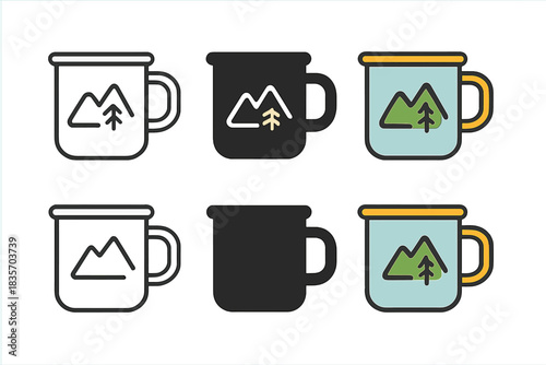 Minimal Camping Mug Design. Classic enamel camping mug with handle and simple design, minimal vector icon, first in line style