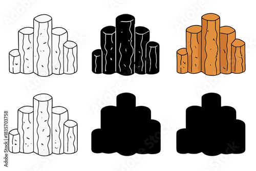 Basalt Column Styles. Basalt flow showing vertical polygonal columns and rocky texture, abstract minimalist vector illustration,