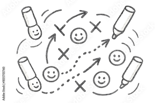 Friendly Tactical Doodle. A friendly tactical board drawn with smiling markers, cute arrows and dotted paths leading to happy unit