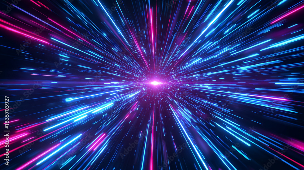 Obraz premium 青とピンクのネオンライトの高速ワープの背景 