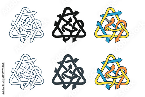 Triangular Spin Dynamics. Interlaced lattice of atomic spins arranged in triangular pattern, arrows forming dynamic loops to