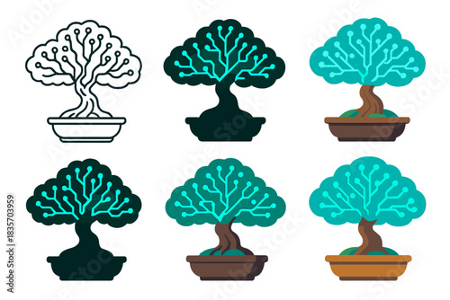 Digital Bonsai Fusion. Artificial bonsai tree with glowing network veins instead of branches, fusion of digital logic and natural