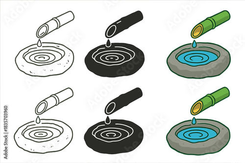 Bamboo Water Ripple Study. Close-up of bamboo pipe dripping into stone basin, concentric water ripples radiating outward, peaceful