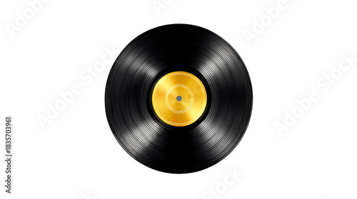 Vinyl record with gold label, classic black disc, retro music style, isolated on transparency background, nostalgic and vintage feeling, shiny surface, collectible audio item
