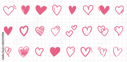 Cute collection of hand-drawn hearts in various shapes and styles. Perfect for Valentine’s Day designs, love themes, stickers, greeting cards, social media graphics, and decorative projects.