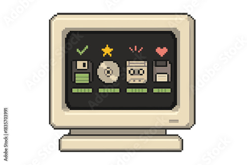 Retro Data Animation. A retro computer screen showing a friendly “reading data” animation from various legacy media, tiny doodle