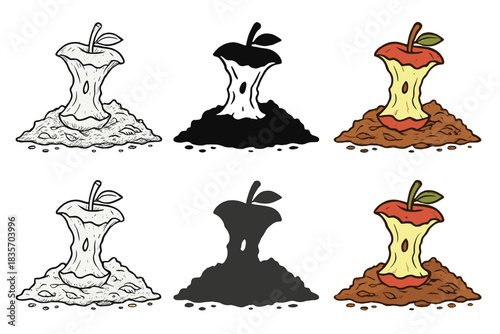 Decomposing Apple Series. Partially eaten apple core resting on compost pile, organic textures and natural decomposition harmony,