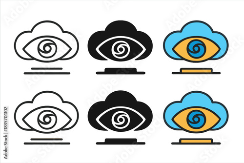 Swirling Eye Cloud. Cloud hovering above ground shaped like an eye with a storm swirling inside, simple minimalist vector icons,