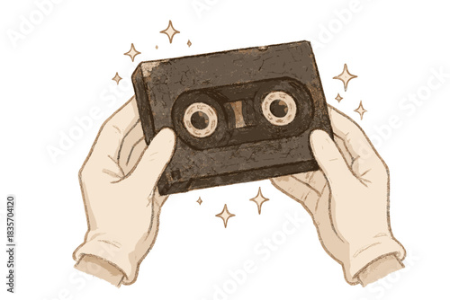 Betamax Preservation Magic. White-gloved hands carefully handling a brittle Betamax tape, tiny smiling sparkles around the tape,