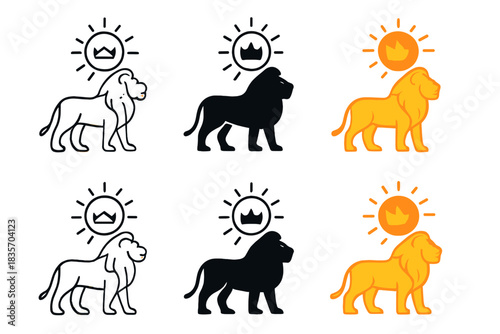 Lion Sun Majesty. Lion standing proudly beneath a sun crown symbolizing strength and light, minimalist symbolic icons, first in