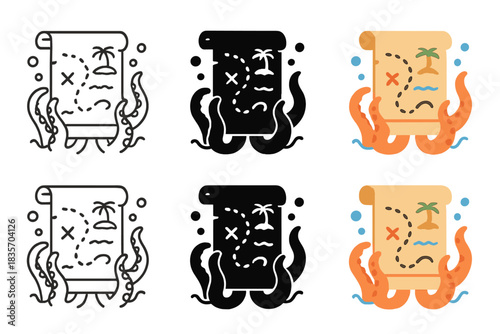 Octopus Holds Treasure Map. Treasure map rolled into a scroll held by octopus tentacles underwater, simple clean vector icons,