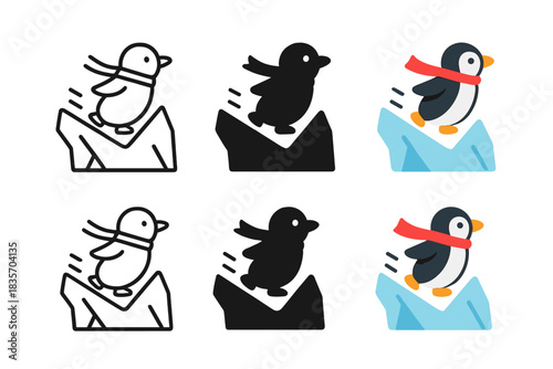 Penguin Slopes Adventure. Penguin sliding down an iceberg slope, scarf fluttering behind, minimalist symbolic icons, first in line
