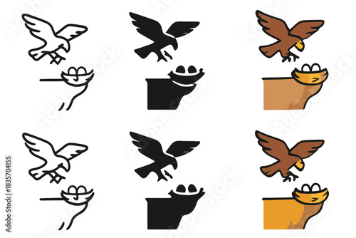 Eagle Cliff Nest. Nest resting on the edge of a cliff with an eagle hovering above it, simple clean vector icons, first in line