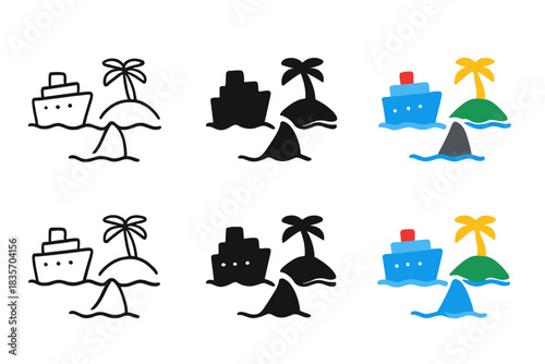 Minimalist Shark Fin. Shark fin positioned between a ship and a distant island, simple minimalist vector icons, first in line