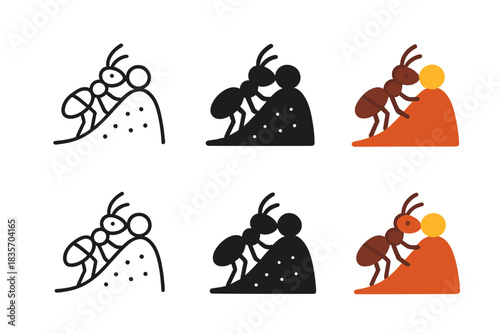Ant's Journey_ Seed Carry. Ant climbing up an anthill holding a round seed in its mandibles, minimalist symbolic icons, first in