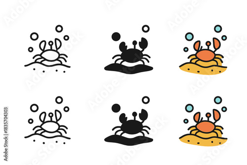 Crab Beach Bubble. Crab Beach Bubble, playful coastal icon showing a crab crawling near small bubbles on sandy shore, first in