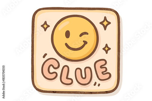 Winking Emoji Sparkle. A winking emoji clue card with tiny sparkles and bouncing letters, rounded friendly forms, soft pastel pink