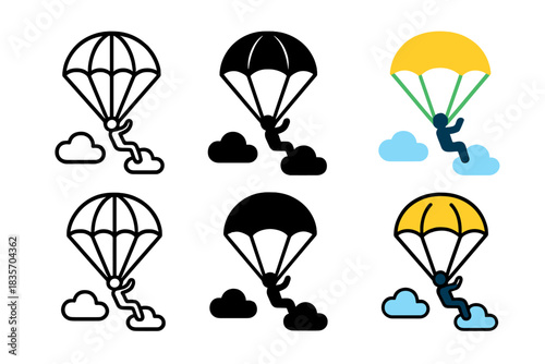 Parachute Descent Variations. Parachute Cloud Jump, adventurous sky icon showing a parachute opening above fluffy clouds with a