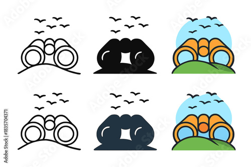 Birdwatching Treasures. Binoculars aimed toward flock of birds over hilltop, smooth horizon curve, first in line style with thin