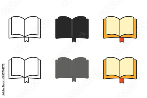 Open Book Styles. Open book with ribbon bookmark hanging between pages, slight page curl detail, first in line style with thin
