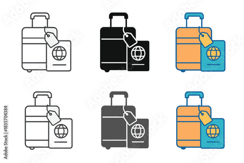Travel Essentials Illustration. Suitcase and passport stacked together, travel tag hanging over edge, modern clean composition,