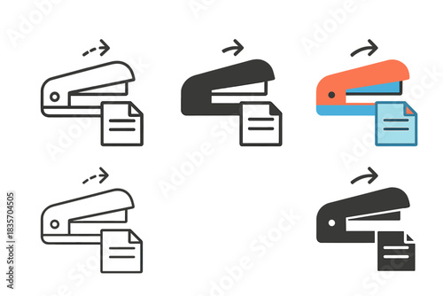 Stapler Silhouette Evolution. Minimal stapler silhouette with click motion and paper icon overlay, modern geometric balance, first