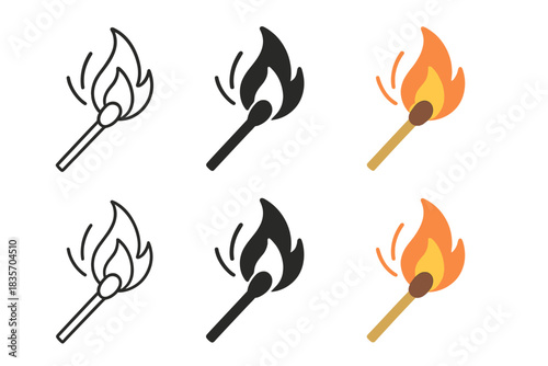 Matchstick Flame Styles. Single matchstick igniting with small flame burst, minimal curved spark motion, first in line style with