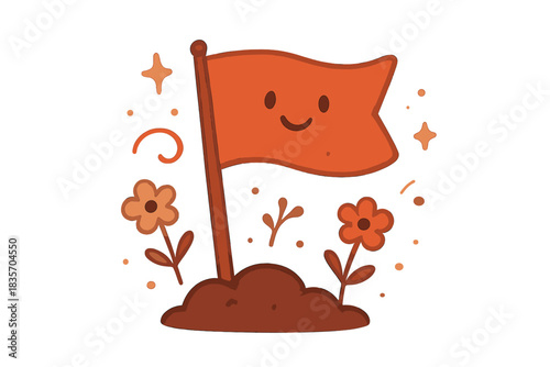 Milestone Celebration Flag. A smiling "milestone" flag planted in soil, tiny flowers and stars around, cozy rounded doodle shapes,
