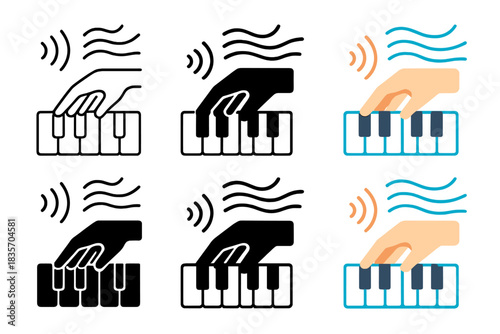 Piano Melody Illustrations. Hand playing piano keys with sound waves and melody lines, first in line style with thin outline,