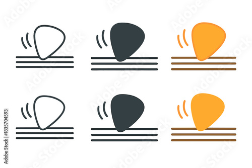 Guitar Pick Vibrations. Guitar pick bouncing off acoustic strings with vibration lines, first in line style with thin outline,