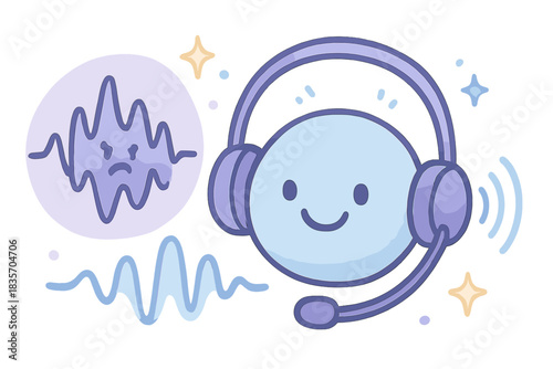 Friendly Translation Headset. A smiling headset translating a distressed voice waveform in real-time, tiny sparkles and friendly