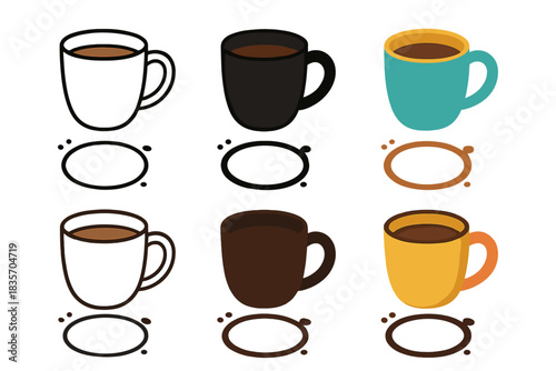 Artistic Coffee Mugs. Mug with coffee and small splashes forming circular stains, first in line style with thin outline, second in