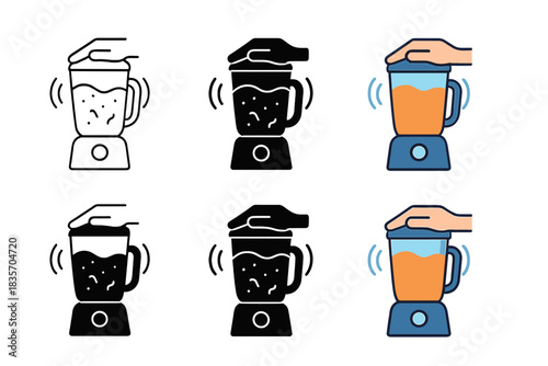 Blender and Smoothie Styles. Hand operating blender with smoothie blending and animated pulse arcs, first in line style with thin