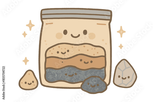 Smiling Minerals Delight. A happy evidence bag labeled "unique strata", tiny sparkles and smiling minerals around, soft rounded