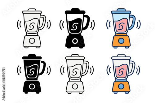 Blender Smoothie Variations. Blender with smoothie swirling inside and animated vibration arcs, first in line style with thin