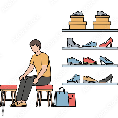 A Man Sits On A Red Stool Trying On Shoes In A Store With Shelves Of Footwear And Shopping Bags On The Floor During The Day