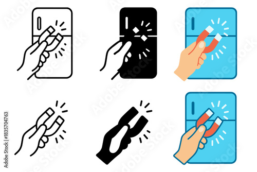 Magnet Styles on Fridge. Hand placing magnet on fridge with motion arcs and cold effect lines, first in line style with thin