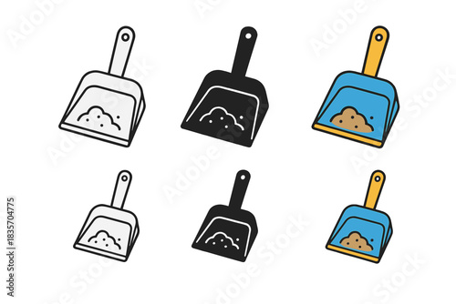 Dustpan and Brush Styles. Dustpan holding fine dust beside a small brush first in line style with thin outline, second in solid