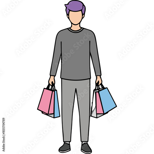 A Man Wearing Gray Sweatpants and Sweatshirt Holding Pink and Blue Shopping Bags With Purple Hair Against a Black Background