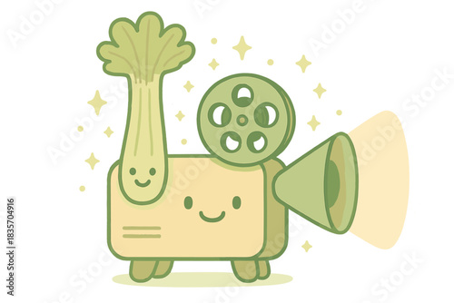 Celery Reel Projector. A cheerful film projector with a smiling celery stalk as a reel, tiny sparkles floating around, soft