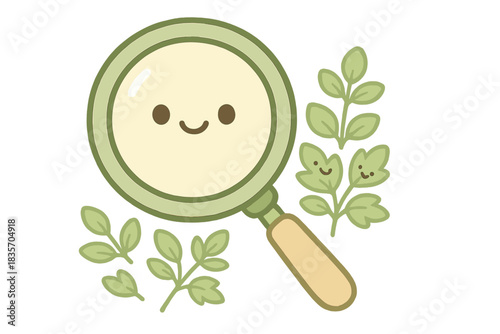 Happy Herb Magnifier. A happy "forgotten herb" identification magnifier with tiny smiling leaves, soft rounded friendly shapes,