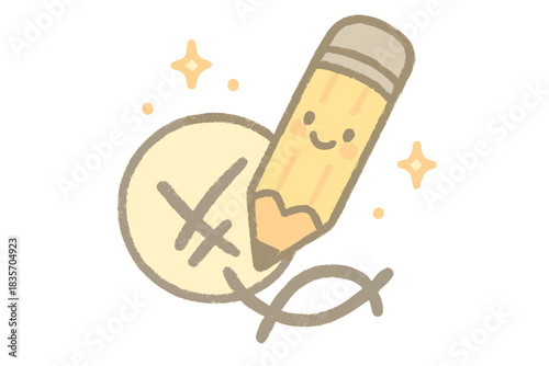 Smiling Pencil Doodle. A playful "corrected grammar" symbol with a friendly smiling pencil, tiny sparkles around, soft rounded