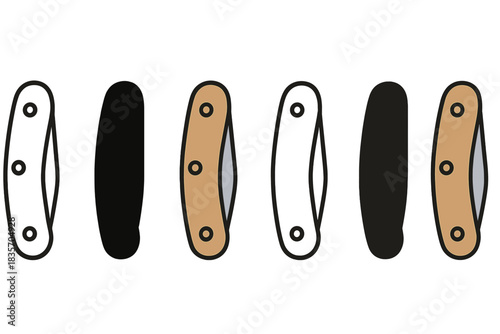 Stylized Pocket Knife Variations. Closed pocket knife with visible brass rivets first in line style with thin outline, second in