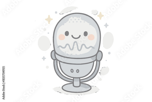 Smiling Microphone Waveform. A cheerful specialized microphone with a smiling "tingle" frequency waveform, tiny sparkles floating
