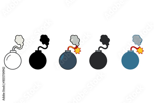 Varied Style Explosions. Fuse Spark Smoke first in line style with thin outline, second in solid style filled shape, third in flat