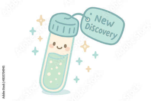 Smiling Sparkly Vial. A playful "new discovery" tag on a smiling sample vial, tiny sparkles floating, soft rounded doodle style,