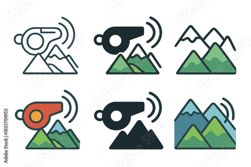 Echoing Sound Waves. Whistle sound waves echoing across mountain valley first in line style with thin outline, second in solid