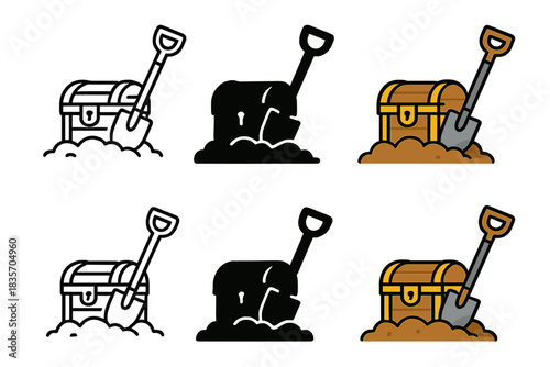 Treasure Chest Styles. Treasure chest revealed by shovel in dirt first in line style with thin outline, second in solid style