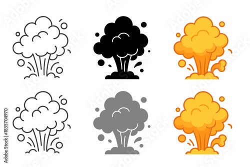 Multi-Style Dust Bursts. Dust Cloud Burst first in line style with thin outline, second in solid style filled shape, third in flat