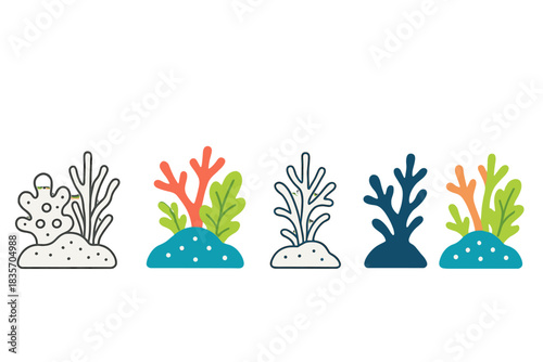 Varied Coral Styles. Coral Reef Depth first in line style with thin outline, second in solid style filled shape, third in flat